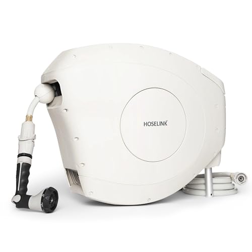 HOSELINK Classic Beige 82ft Hi-Flow Automatic Retractable Garden Hose Reel, 9/16”, 8-Pattern Spray Nozzle, UV-Stabilized Kink-Free Hose, Wall Mounted Watering Solution for Backyard, Garden & Outdoor - size: 82ft