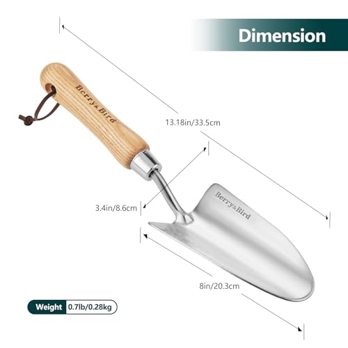 Berry&Bird Stainless Steel Trowel, Garden Small Flower Hand Shovel, Potting Soils Scoop with Wood Handle, Gardening Bonsai Tools for Transplanting Digging Weeding Planting - color: Hand Shovel, size: Small