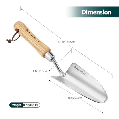 Berry&Bird Stainless Steel Trowel, Garden Small Flower Hand Shovel, Potting Soils Scoop with Wood Handle, Gardening Bonsai Tools for Transplanting Digging Weeding Planting - color: Hand Shovel, size: Small