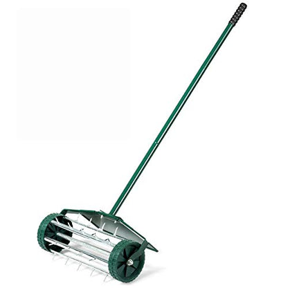 Goplus Rolling Lawn Aerator, 18-Inch Garden Yard Rotary Push Tine Heavy Duty Spike Soil Aeration, Manual Lawn Aeration Tool w/ 41-Inch Handle (Green w/Fender) - color: Green w/ Fender