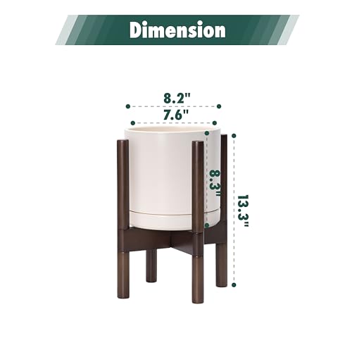 D'vine Dev Ceramic Pot with Walnut Wood Stand, Oatmeal, 8 in, 55-B-Y-8 - color: Oatmeal Pot + Walnut Color Stand, size: 8 Inch