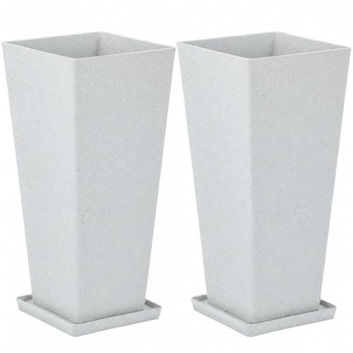 Autodaya 28" Plant Pots Tall Planters for Outdoor Plants Set of 2 with Tray - color: Tall Terrazzo White-28"