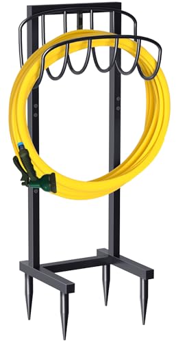 Artigarden Freestanding Garden Hose Holder with 4 Spikes, Heavy Duty Metal Reel Stand Hanger Rack Organizer, Holds Storage 150ft Hose for Outside Yard Lawn, Black - style: Wave Style
