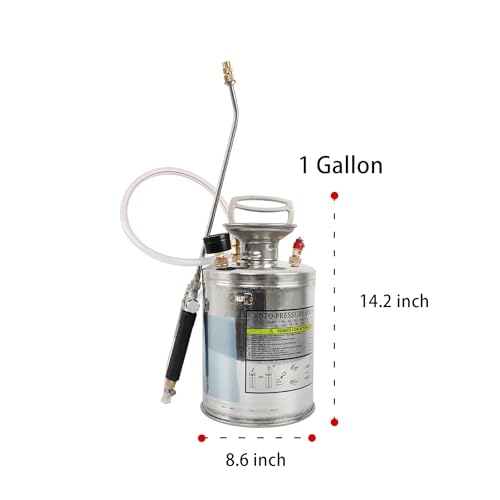 1 Gallon Stainless Steel Sprayer, 12 Wand & 3FT Reinforced Hose, Heavy Duty Hand Pump Sprayer with Pressure Gauge, Safety Valve and Adjustable Nozzle, for Lawn, Garden Watering (Silver-4L) - size: 1 Gallon