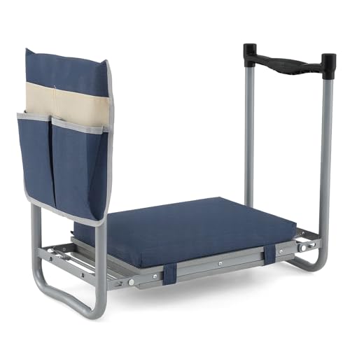 Goplus Foldable Garden Kneeler and Seat, 11" Wide 2-in-1 Gardening Bench, Detachable Thick EVA Foam Pad, 350 lbs Heavy-Duty Metal Frame, Tool Pouch, Portable Stool, Gardening Kit for Seniors (Blue) - color: Blue, style: With Kneeling Pad