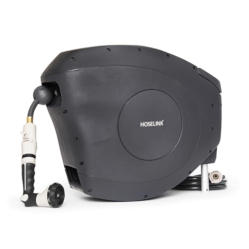 HOSELINK Classic Charcoal 82ft Hi-Flow Automatic Retractable Hi-Flow Garden Hose Reel, 9/16”, UV-Stabilized Kink-Free Hose, Wall Mounted Complete Watering Solution for Backyard, Garden & Outdoor - size: 82ft 9/16" Hi-Flow