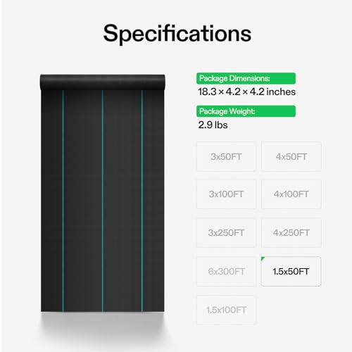 VIVOSUN Premium Weed Barrier Landscape Fabric Heavy Duty, 1.5ftx50ft 5oz Double-Layered Weed Control Mat with High Permeability, Commercial Ground Cover, Easy Set up & Superior Weed Control - size: 1.5x50FT