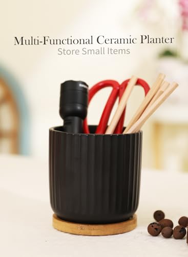 4 Inch Ceramic Plant Pots, Small Succulent Pot with Drainage Hole & Saucer - color: Stripe Pure Black