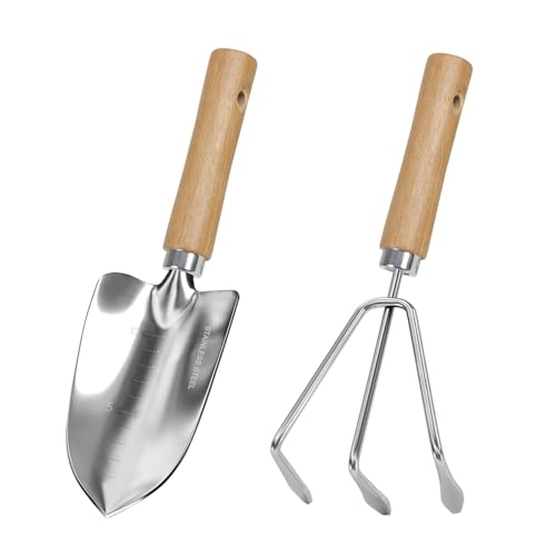 Garden Tool Set, 2 Pieces Stainless Steel Heavy Duty Garden Tools, Gardening Kit with Wooden Handle Garden Hand Tools, Durable Garden Tools for Gardening, Gardening Gifts for Women Men - style: 2PC(Trowel&Cultivator)