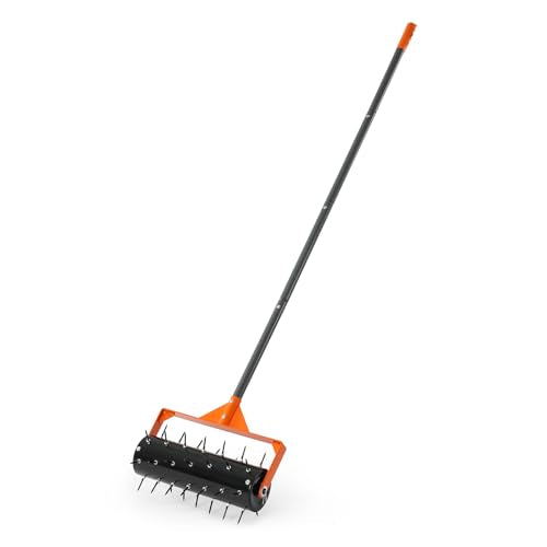 VEVOR Rolling Lawn Aerator, 15 in Manual Push Aerator Roller with 42 Spikes & 60 in Long Handle, Fillable Drum for Added Weight, Heavy-Duty Lawn Soil Penetrator for Garden Yard Compacted Soils - size: 15-inch, style: Rolling