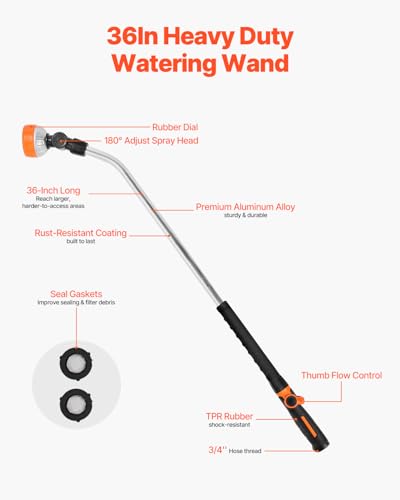 VEVOR Watering Wand,36-Inch Extra Long Heavy Duty Garden Hose Wand with 8 Spray Patterns & 180° Swivel Head, Long Hose Nozzle Sprayer with on/off Thumb Control, Ideal for Hanging Baskets, Shrubs, Lawn
