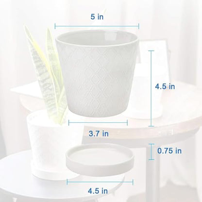 BUYMAX 5in Ceramic Flower Pots Set of 4 Plant Pot with Drainage Hole - color: White