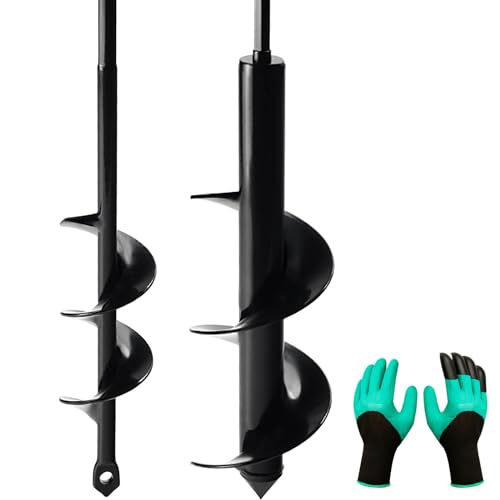 2 Pack Garden Auger Spiral Drill Bit Set - 3 x 12 Inch & 1.6 x 9 Inch with Garden Gloves, Planting Bulb, Bedding Plants, Digging Weeds Roots, Post Umbrella Hole Digger for 3/8" Hex Drive Drill - size: 1.6" x 9"-Black + 3" x 12"-Black with Gloves