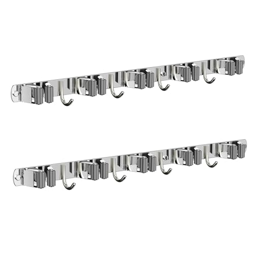 2 Pack Mop and Broom Holder Wall Mount for Kitchen Garage Laundry Room - color: Silver, size: 2 Pack 5 Racks with 4 Hooks