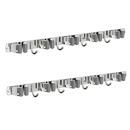 2 Pack Mop and Broom Holder Wall Mount for Kitchen Garage Laundry Room - color: Silver, size: 2 Pack 5 Racks with 4 Hooks