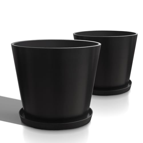 Heyzier Wide Planters for Outdoor Plants, Extra Large Indoor Flower Pots for Garden, Front Porch, Patio - Round Resin Planter Set of 2 (Black, 16" D x 14" H) - size: 16" D x 14" H