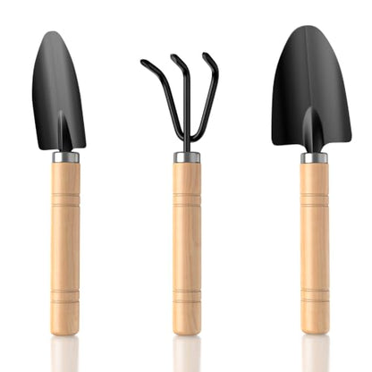 3 Pcs Mini Garden Tool Set with Small Trowel, Mini Shovel & Hand Rake - color: natural wood-3pcs