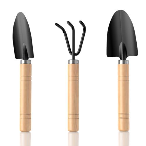 3 Pcs Mini Garden Tool Set with Small Trowel, Mini Shovel & Hand Rake - color: natural wood-3pcs