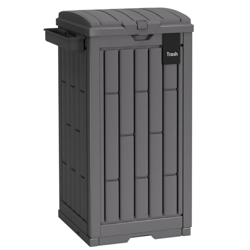 FDW 30 Gallon Outdoor Trash Can with Lid, Waterproof PP Resin Garbage Bin with Ashtray & Removable Tray, Modern Outside Waste Can for Patio, Garden, Balcony, Backyard - size: 30G