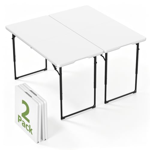 2 Pack Folding Table, 4FT Foldable Picnic Table with Adjustable Height, Heavy Duty Fold-in-Half Portable Table for Weddings, Camping, RV Travel, Parties, BBQs, and Indoor Use, Easy to Fold and Store - color: White, size: 4FT-2 Pack