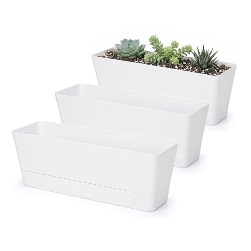 GREANER Flower Boxes, 3 Pack 12x3.8 Inch Rectangle Window Boxes, Herb Planters with Tray, Indoor Succulent Cactus Flowers Plastic Drawable Pot for Windowsill, Garden, Balcony, Office Outdoor (White) - size: 3Packs/12x3.8in