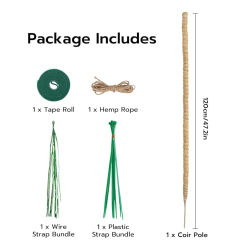 Mcbazel Bendable Moss Pole for Plants 47 Inch, Monstera Plant Support Stake with 7mm Aluminum Core, Coconut Coir Climbing Pole for Monstera Pothos Philodendron, Complete Kit with Ties & Rope - size: 1x120CM/47inch