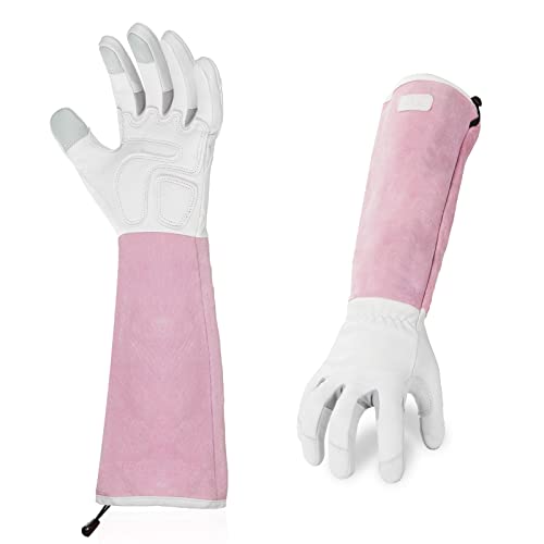 Vgo... 1-Pair Premium Genuine Goat Leather Extra-Long Cuff Thornproof Gardening Gloves (Size M, Pink White, GA1013) - color: 1 Pair - Pink White, size: Women's Medium