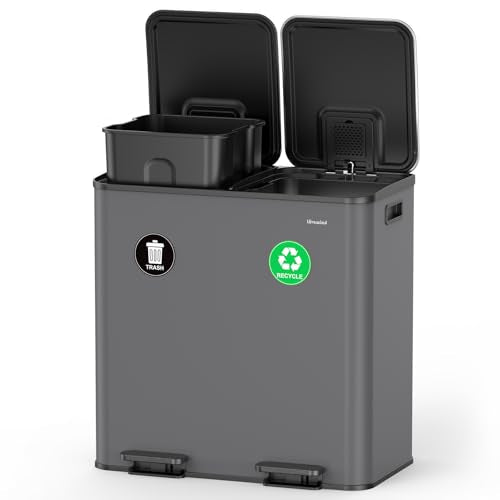 Lovewind 2×11.5 Gallon Dual Trash Can, Stainless Steel Dual Garbage and Recycling Can with Foot Pedal, 90° Stay-Open Lid, Pet-Proof Design – Large Dual Compartment Trash Recycling Bins Kitchen, Grey - color: Grey, size: 23 Gallon