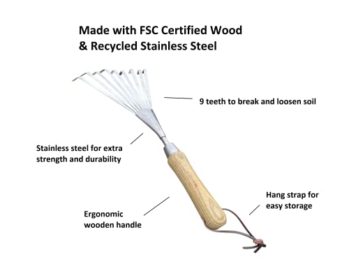 Garden Guru Eco Hand Rake Soil Tiller- 100% Recycled Stainless Steel - Rust Resistant - FSC Certified Wood Ergonomic Handle - Great for Gardening, Cultivating, Loosening Soil & Spreading Mulch - size: 1Pack
