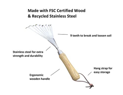 Garden Guru Eco Hand Rake Soil Tiller- 100% Recycled Stainless Steel - Rust Resistant - FSC Certified Wood Ergonomic Handle - Great for Gardening, Loosening Soil & Spreading Mulch - 1 Case (40 Pcs) - size: 40 Pack