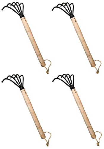 Garden Guru Hand Rake Cultivator Claw Soil Tiller - Military Grade Steel - Rust Resistant - 5 Tine Japanese Ninja Claw - Comfortable Wood Handle - Perfect Pulverized and Aerated Soil (4 Pack) - color: Long Handle, size: 4 Pack