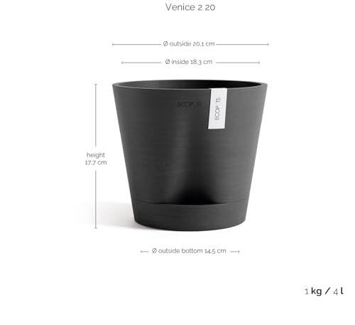 Ecopots Venice 2 Round Flower Planter with Water Reservoir, Dark Grey, 8" - color: Dark Grey, size: 8"