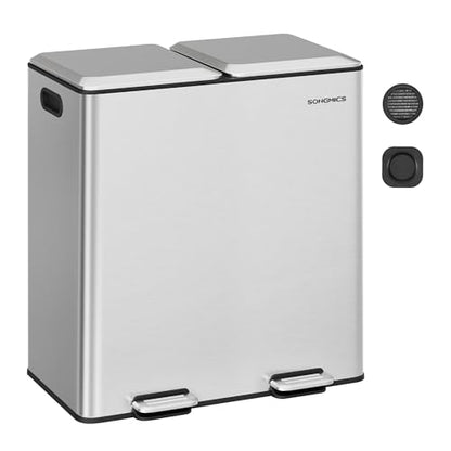 SONGMICS Trash Can, 2 x 8 Gallon, Soft-Close Lids, Stainless Steel - color: Silver, size: 2 x 8 Gal. (Old)