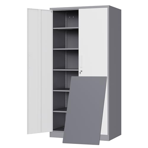 Yizosh Metal Storage Cabinet with 2 Locking Doors and 5 Adjustable Shelves, 72" Garage Storage Cabinet Steel Lockable for Office,Home,Garage - color: Gray White, size: 72"H x 36"W x 18"D (5 Shelves)