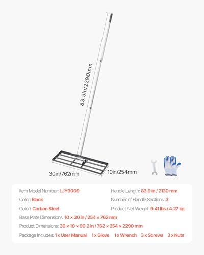 VEVOR Lawn Leveling Rake, Lawn Leveler with 83.9 in Handle, 30x10 in Ground Plate, Rust-Resistant Carbon Steel Soil Leveler, 3 Heights Adjustable, Effort Saving Lawn Leveling Tool for Yard Golf Court - size: 30x10 in, style: Classic: Carbon Steel