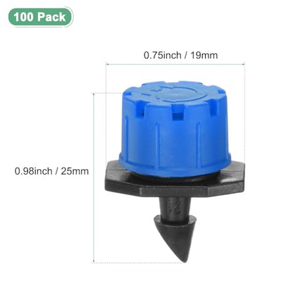 M METERXITY 100-Pack 360 Degree Adjustable Irrigation Dripper, 1/4 Inch Barbed Emitter Drip Sprinklers for Garden/Greenhouse/Flower Bed/Watering System, Anti-Clogging Emitters [Blue] - color: Blue