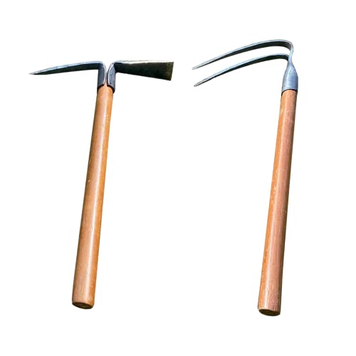 2PCS 19.6 Inches Garden Pick, 2 Prong Hand Hoe Tool Set Garden Tool with Wooden Handle, Transplanting Digging Planting Loose Soil Camping or Prospecting