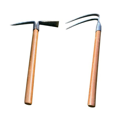 2PCS 19.6 Inches Garden Pick, 2 Prong Hand Hoe Tool Set Garden Tool with Wooden Handle, Transplanting Digging Planting Loose Soil Camping or Prospecting