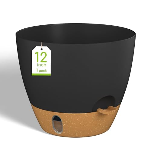 12 Inch Self Watering Pot for Indoor Outdoor Plants, Large Plastic Planter with Visual Water Window, Drainage Holes & Watering Lip, Modern Decorative Flower Pot (Black) - color: Black, size: 12 Inch