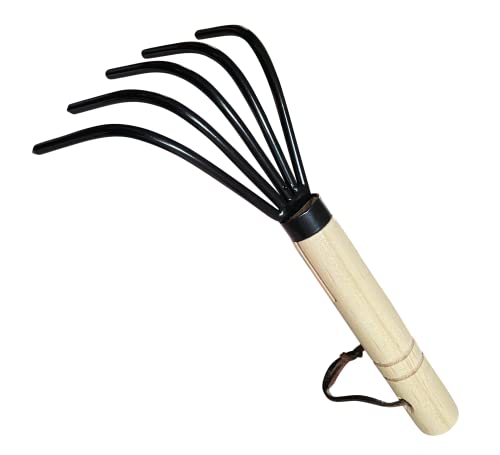 Garden Guru Hand Rake Cultivator Claw Soil Tiller - Military Grade Steel - Rust Resistant - 5 Tine Japanese Ninja Claw - Comfortable Wood Handle - Perfect Pulverized and Aerated Soil - color: Short Handle, size: 1 Pack