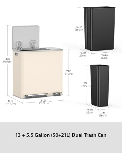 Lovewind Double Trash Can Kitchen, 13+5.5 Gallon Stainless Steel Dual Trash and Recycle Bin Combo with Silent Close Lid, Heavy-Duty Foot Pedal, Easy to Clean Garbage Can for Large Families, Apricot - color: Apricot, size: 13+5.5 Gallon
