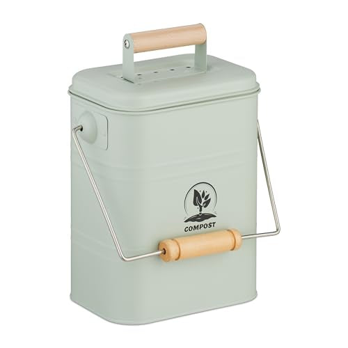 Relaxdays Kitchen Compost Bin, 3.5 litres, Iron & Wood, 2 Charcoal Odour Filters, Lid & Handle, Food Waste Caddy, Green - color: Green