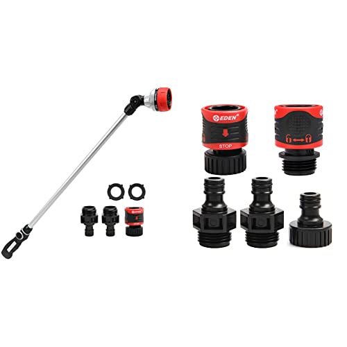 Eden 7-Pattern 33" Metal Garden Hose Watering Wand W/Quick Connect Starter Set 96618 & 95210 Premium Garden Hose Fitting Quick Connect with Water Stop & Lock Feature, 5 pc Set