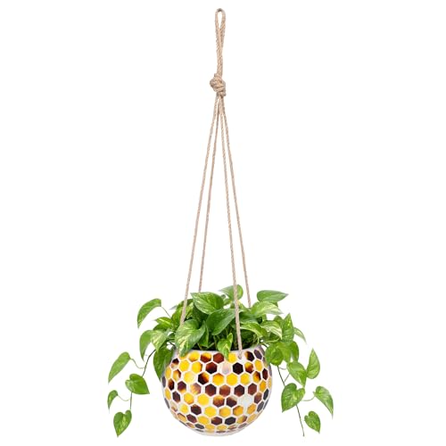 Ceramic Hanging Planter, Yellow Mosaic Bee Style Flower Plant Pot - color: Yellow