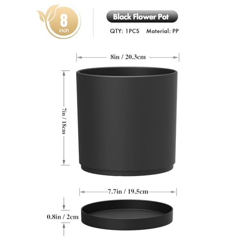 WSMKSZ 8 Inch Medium Plant Pots for Indoor Outdoor Plants, Cylinder Deep Flower Pots with Drainage Holes & Saucer, Decorative Plastic Planter Pots for Garden House Plants, Black - color: Black, size: 8 Inch
