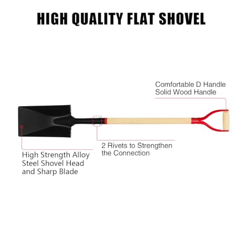 VNIMTI Spade Shovel for Digging, Heavy Duty Spade Shovel with Wooden D-Handle, Square Flat Shovel for Gardening and Edging, 45 Inches