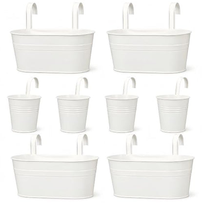 Tessco 4 Pcs 5.3"x10.8" Metal Iron Hanging Flower Pots and 4 Pcs 3.9" Balcony Bucket Planter for Railing Fence White Window Plant Holder Indoor Outdoor Garden Home Decoration with Detachable Hooks