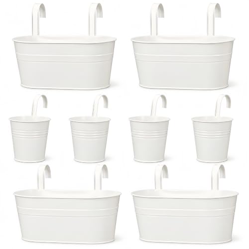 Tessco 4 Pcs 5.3"x10.8" Metal Iron Hanging Flower Pots and 4 Pcs 3.9" Balcony Bucket Planter for Railing Fence White Window Plant Holder Indoor Outdoor Garden Home Decoration with Detachable Hooks