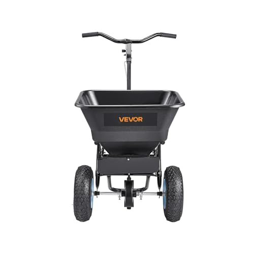 VEVOR Broadcast Spreader 100 lbs Capacity Walk-Behind Push Spreader Black | For Lawn Garden, 0-9.8 ft Spreading Width, 13 in All Terrain Pneumatic Tires, Hopper Grate for Seed Fertilizer Salt Ice Melt