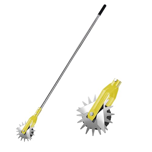 BARAYSTUS Wheel Rotary Edger Lawn Tool, Grass Edge Trimmer, Sidewalk Manual Lawn Edger, Strong 3 Sections Stainless Steel Handle with Cushion Grip, 58.3-Inch - color: Yellow